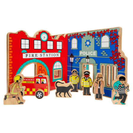 Wooden Fire and Police Toy World Playset